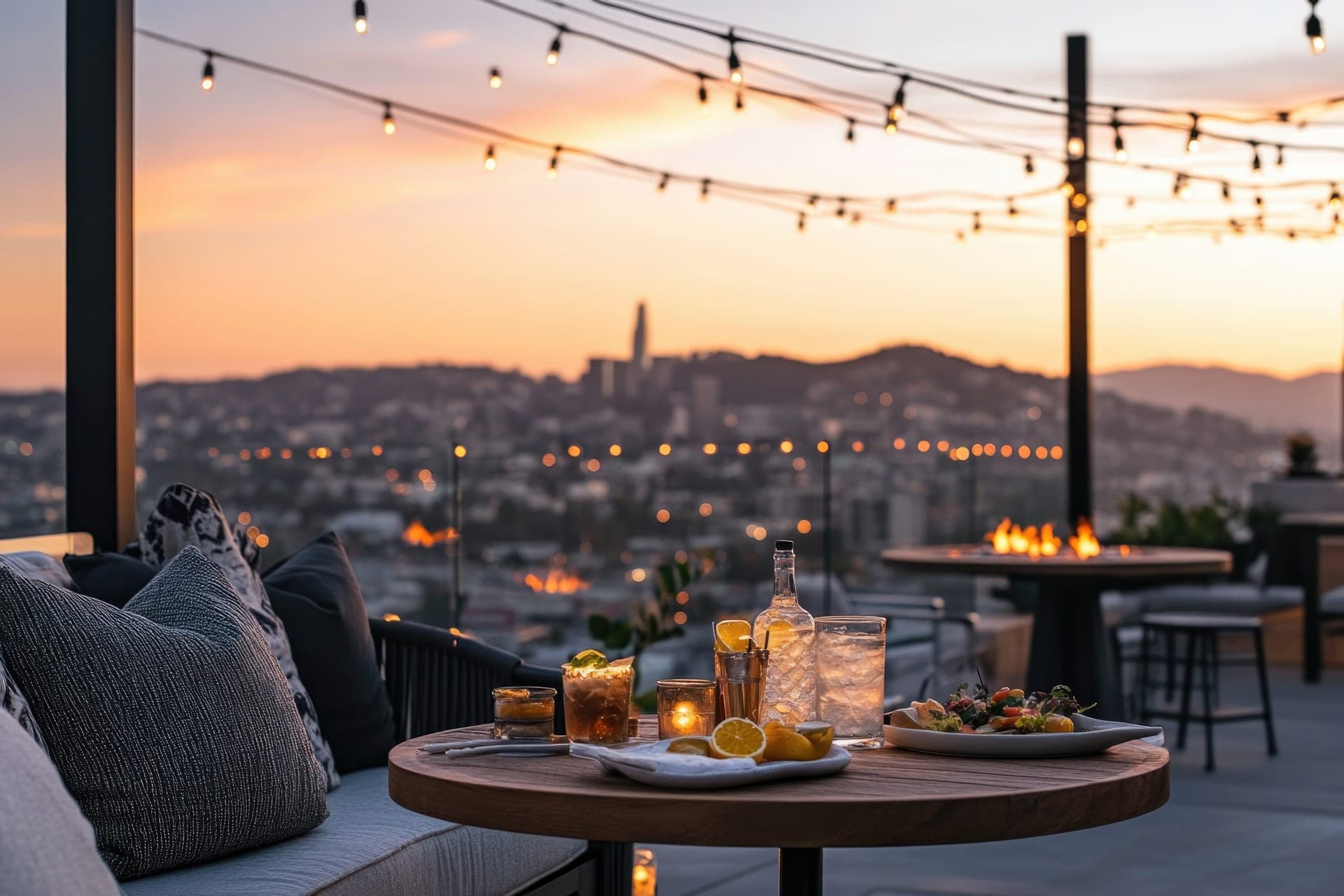 Stilvoll eingerichtete Restaurant-Terrasse bei Sonnenuntergang mit Lichterketten und gedecktem Tisch