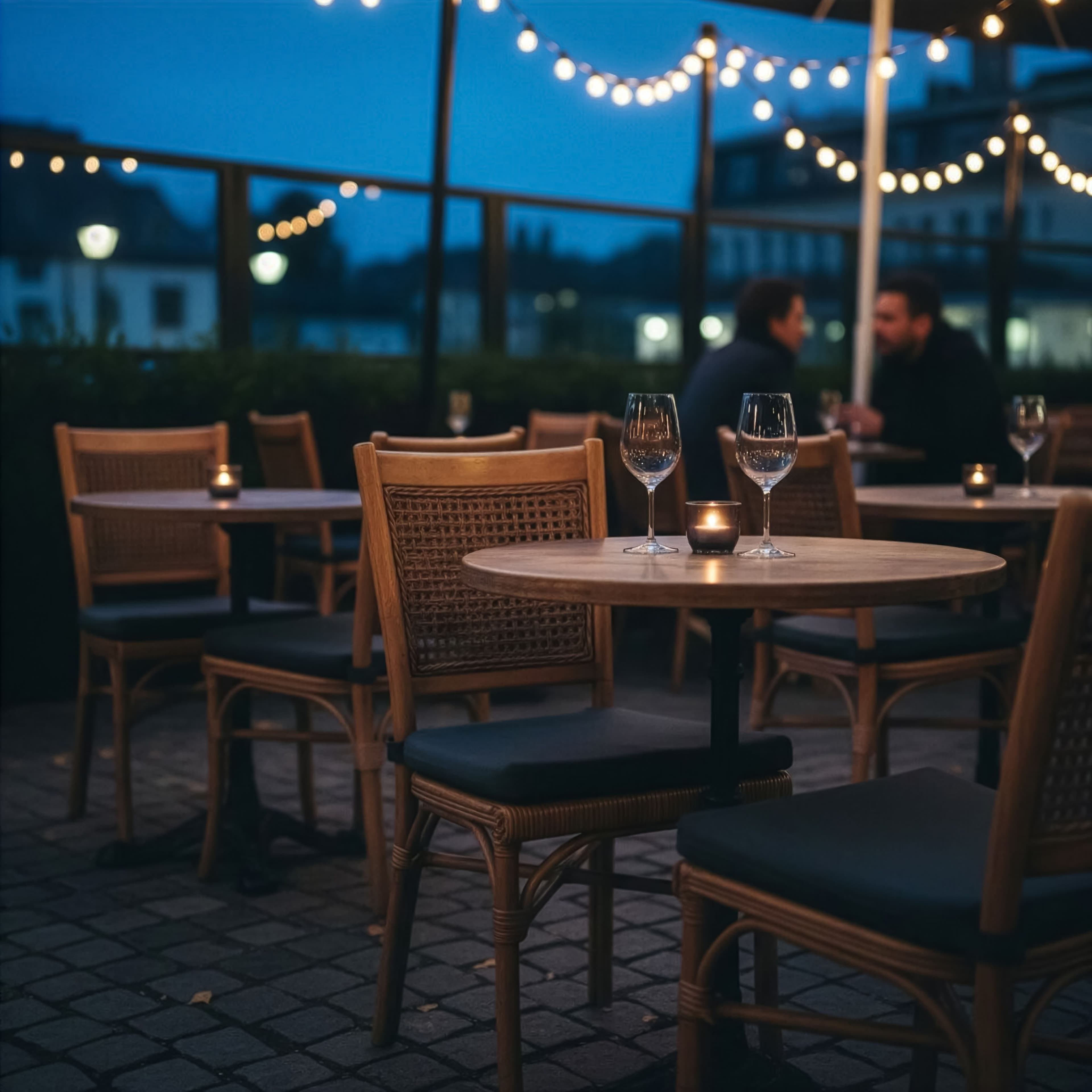 Restaurant-Terrasse am Abend mit Bistrostühlen, Sitzkissen und Lichterketten